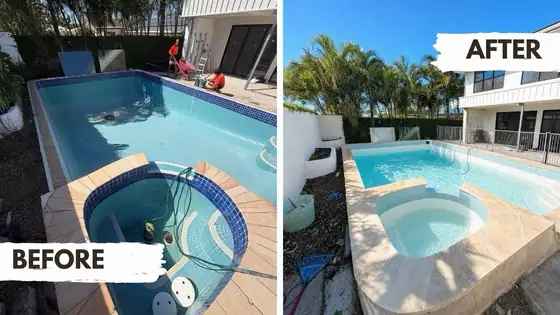 Sorrento before and after: old mosaics and coping out, resort-style pool and spa in